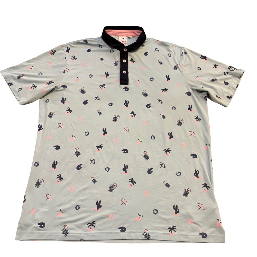 Puma Arnold Palmer Mens Golf Polo Shirt Blue Tropical Cactus Print‎ 537484-02 L